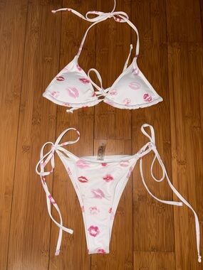 White Bikini Set with Pink & Red Lip Print S